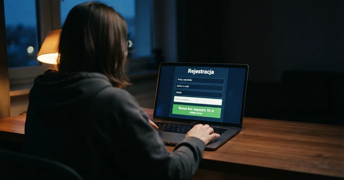 Ekran rejestracji w kasynie online z widocznym polem na kod promocyjny i komunikatem o bonusie bez depozytu
