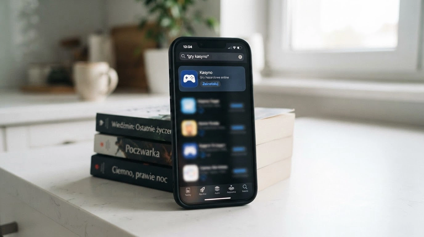 Strona App Store na ekranie iPhone z aplikacją kasynową widoczną w wynikach wyszukiwania