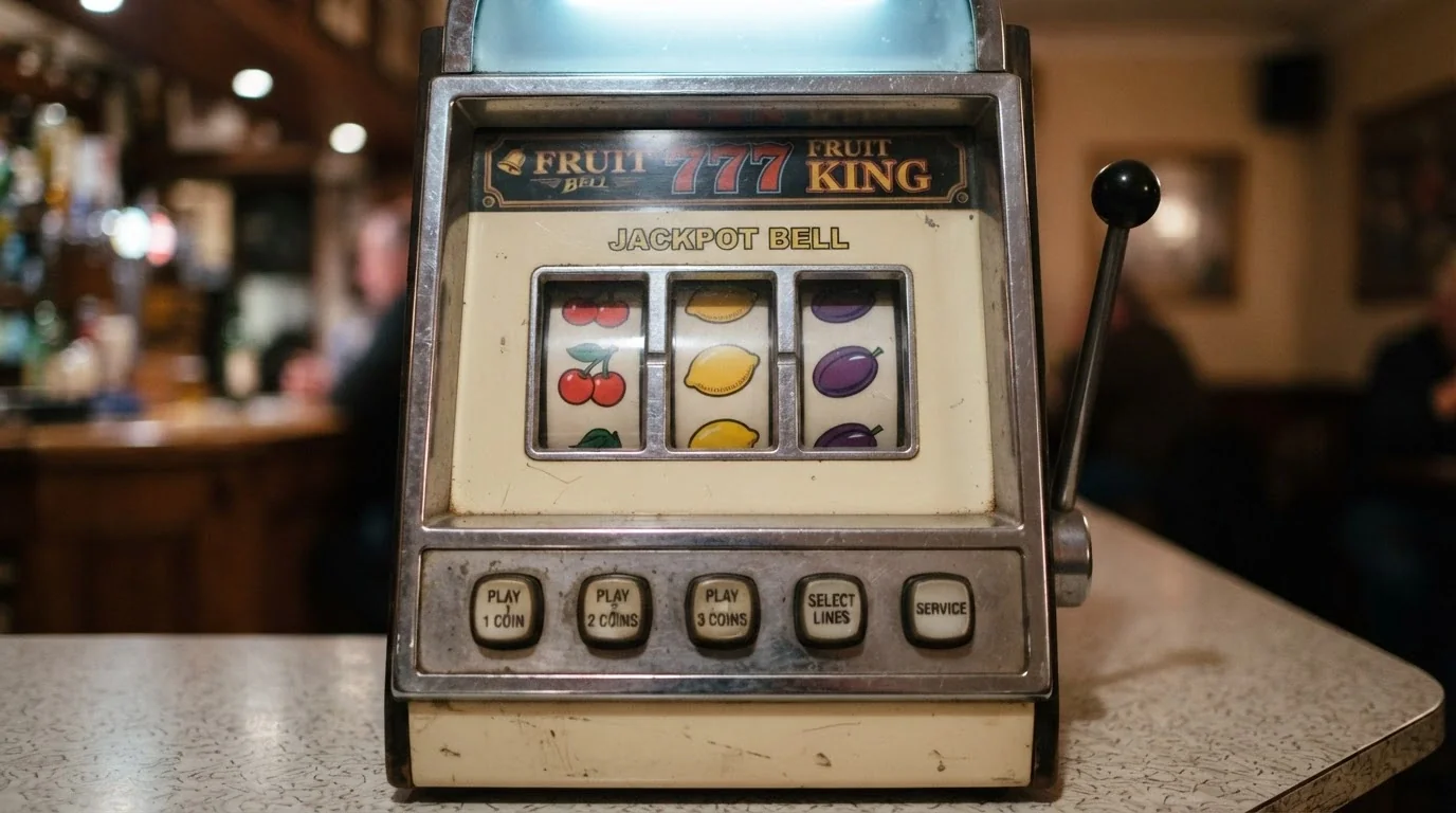 Klasyczny automat owocowy z symbolami wiśni, cytryn, śliwek i siódemek na trzech bębnach — zbliżenie na panel z przyciskami