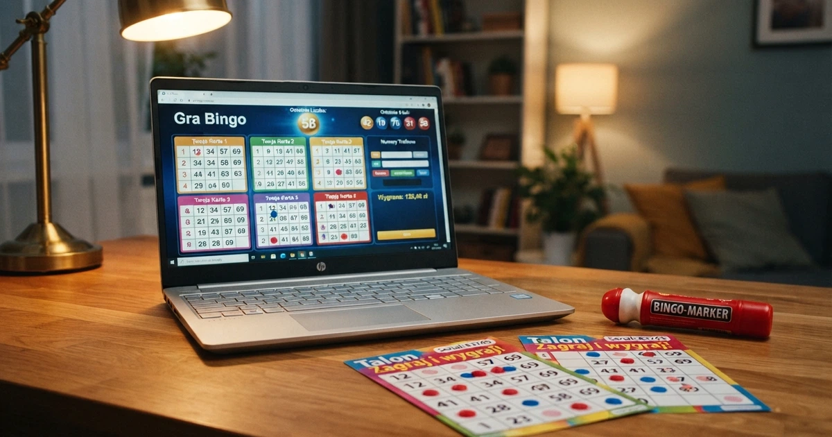 Ekran komputera z widoczną stroną kasyna online oferującego gry bingo, karty bingo na pierwszym planie, polski interfejs
