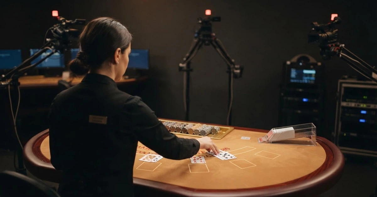 Krupier przy stole do blackjacka na żywo w profesjonalnym studio kasynowym, rozdający karty przed wieloma kamerami