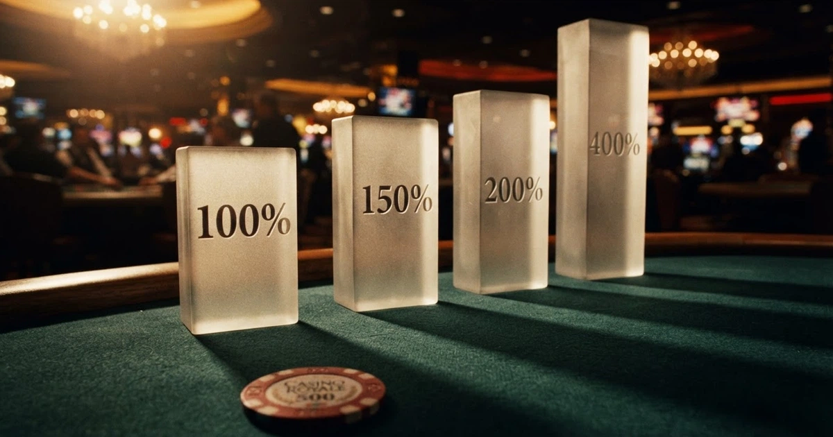 Zestawienie procentowych bonusów kasynowych od 100% do 400% — grafika porównawcza na stronie o bonusie 150%