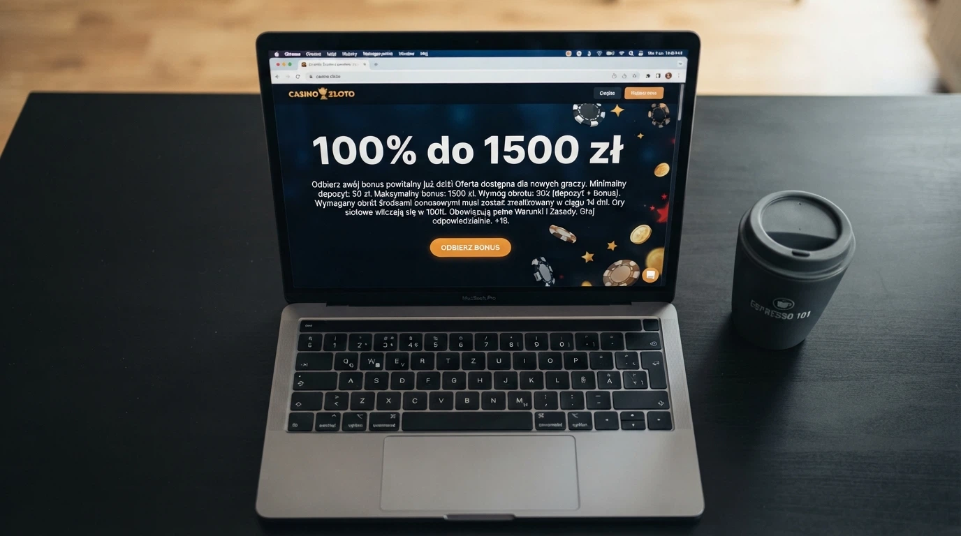 Ekran kasynowej oferty bonusowej z widocznym komunikatem „100% do 1500 zł” i drobnym drukiem warunków obrotu poniżej