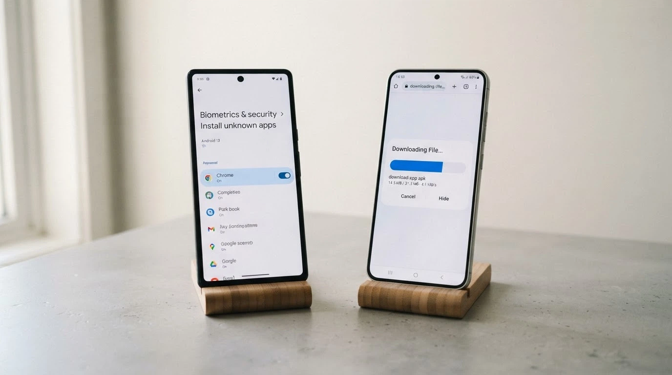 Ekran ustawień Androida z zaznaczoną opcją „instaluj z nieznanych źródeł” obok ekranu telefonu z widocznym przyciskiem pobierania pliku APK ze strony operatora