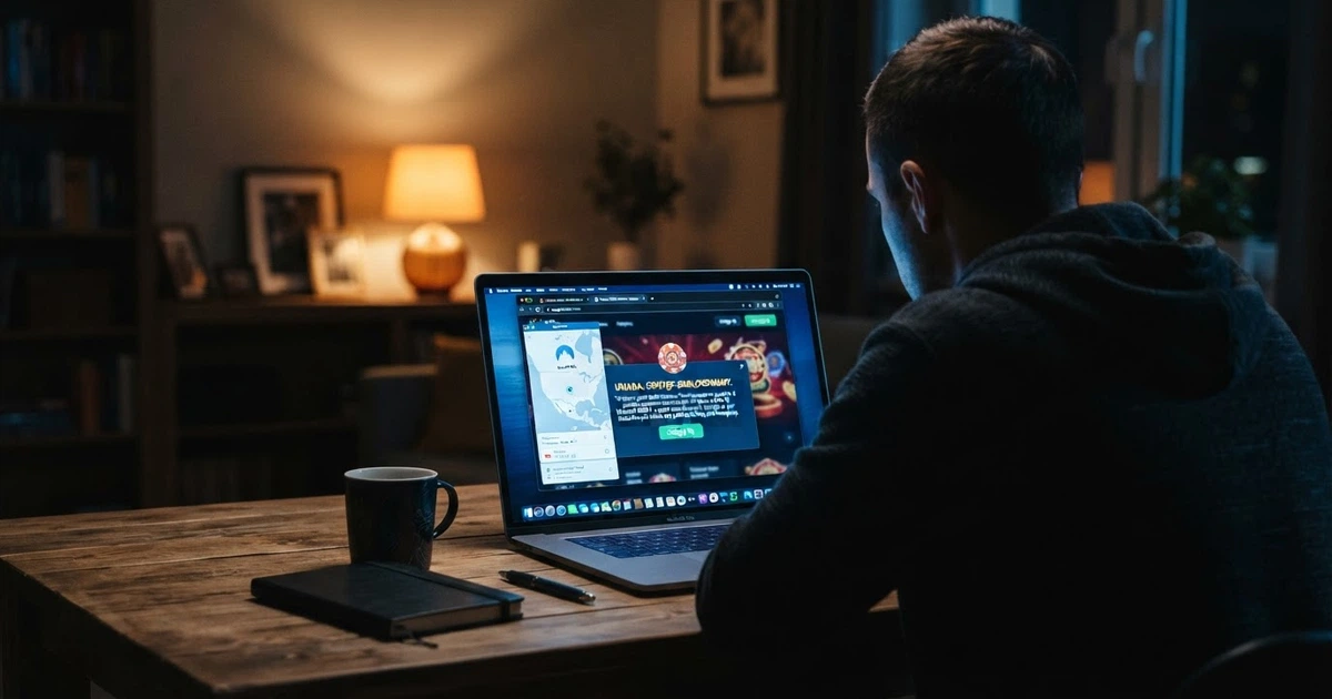 Zrzut ekranu przedstawiający okno programu VPN obok strony kasyna online z widocznym komunikatem o blokadzie regionalnej