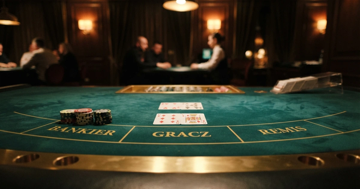 Stół do bakarata w kasynie online z widocznymi polami zakładów Banker, Player i Tie na zielonym suknie
