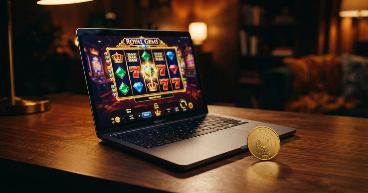Ekran laptopa z otwartą stroną kasyna online, obok logo Binance i złota moneta BNB na ciemnym tle