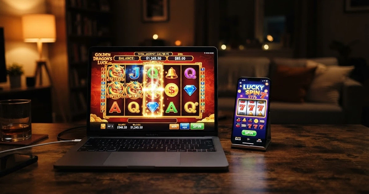Strona główna kasyna online z automatami Microgaming na ekranie laptopa i smartfona