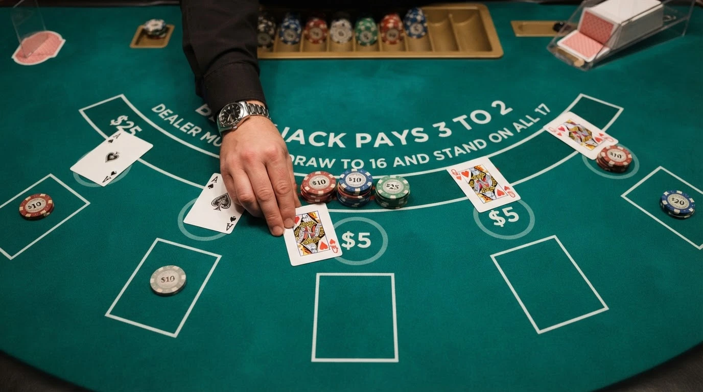 Krupier rozdający karty przy stole do blackjacka na żywo — ujęcie z góry, widoczne karty, żetony i interfejs gracza