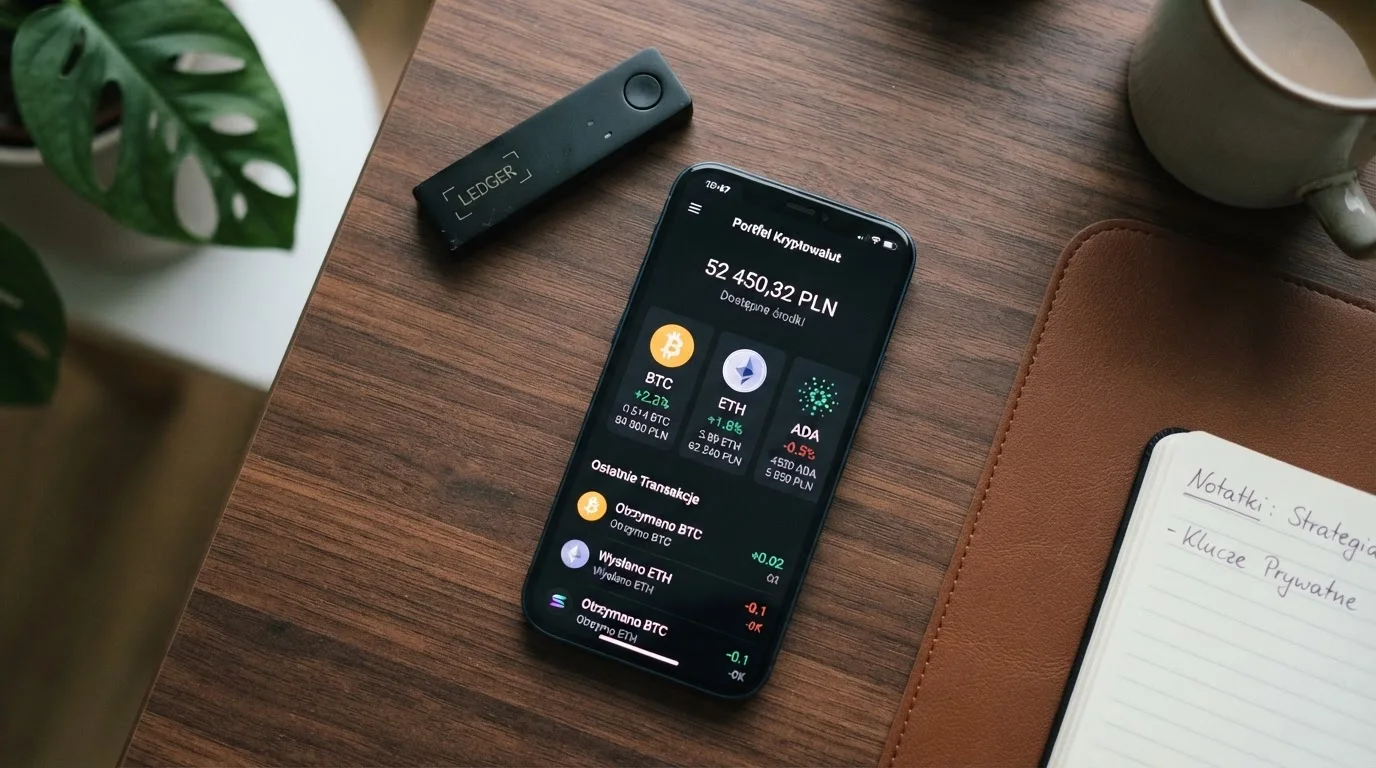 Ekran smartfona z aplikacją portfela kryptowalutowego obok symboli BTC, ETH i USDT na tle strony kasyna