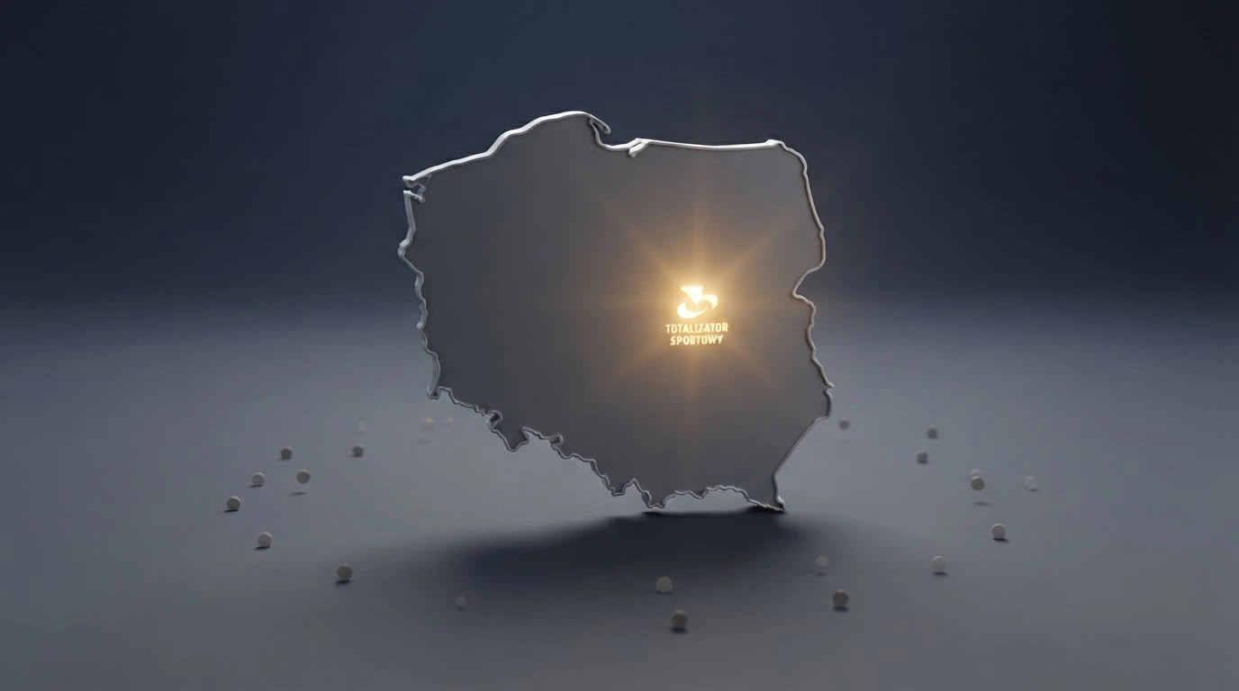 Kontur Polski z jednym podświetlonym logo Total Casino pośrodku, otoczonym szarymi, przekreślonymi logotypami zagranicznych operatorów