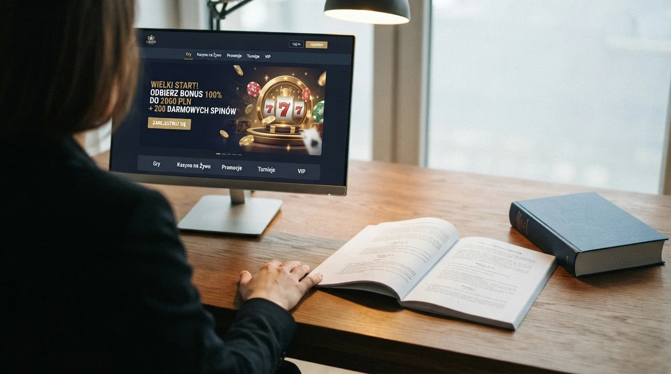 Monitor z otwartą stroną Total Casino obok wydruku ustawy o grach hazardowych i godła państwowego
