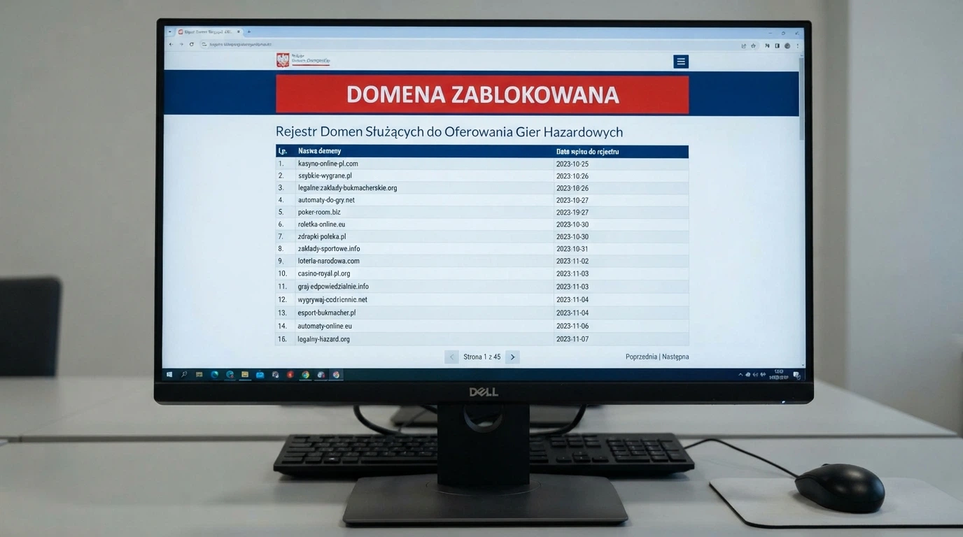 Zrzut ekranu z oficjalnej strony Ministerstwa Finansów lub Rejestru Domen pokazujący listę zablokowanych domen hazardowych