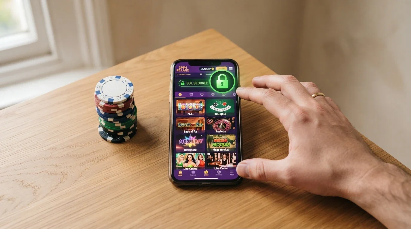 Ekran smartfona z widoczną stroną Total Casino — jedynego legalnego kasyna online w Polsce — na tle dokumentu z pieczęcią Ministerstwa Finansów