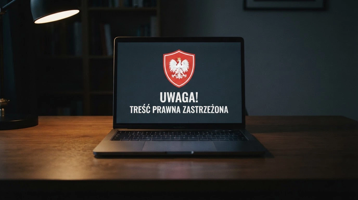 Dokument urzędowy — ustawa o grach hazardowych na biurku obok monitora z otwartą stroną Rejestru Domen hazard.mf.gov.pl