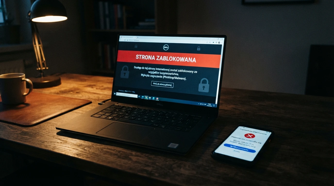 Dokument urzędowy z pieczęcią Ministerstwa Finansów leżący obok ekranu z komunikatem ostrzegawczym o nielegalnym hazardzie