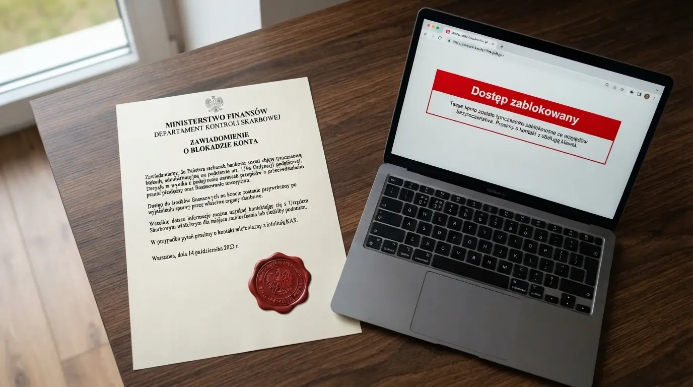 Dokument z pieczęcią Ministerstwa Finansów leżący obok ekranu z zablokowaną domeną kasyna — komunikat „Dostęp zablokowany na podstawie art. 15f ustawy o grach hazardowych”