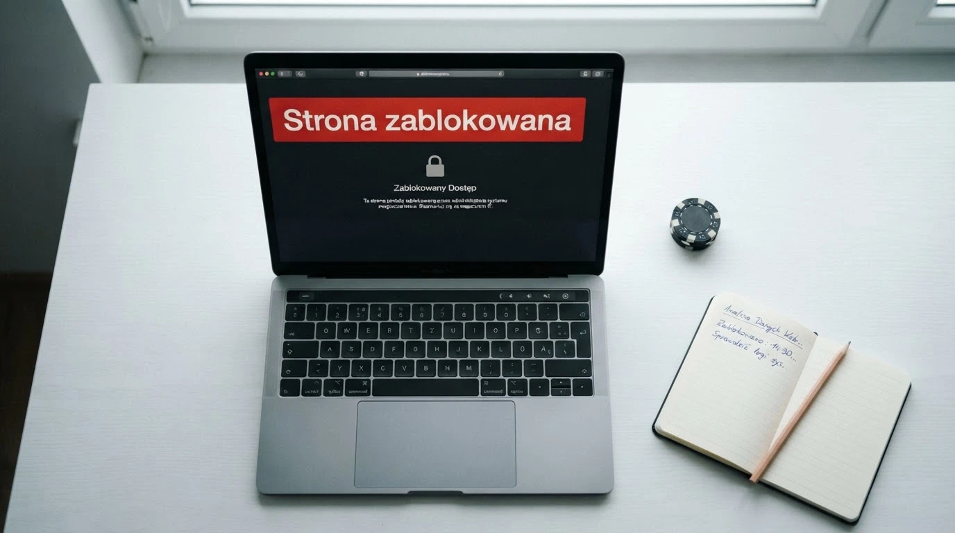 Dokument urzędowy z pieczęcią Ministerstwa Finansów leżący obok ekranu komputera z komunikatem ostrzegawczym
