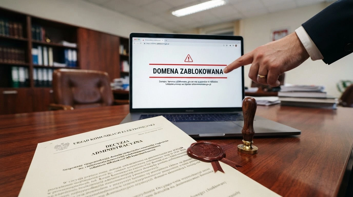 Dokumenty urzędowe i pieczęć Ministerstwa Finansów na tle ekranu z komunikatem o blokadzie domeny hazardowej
