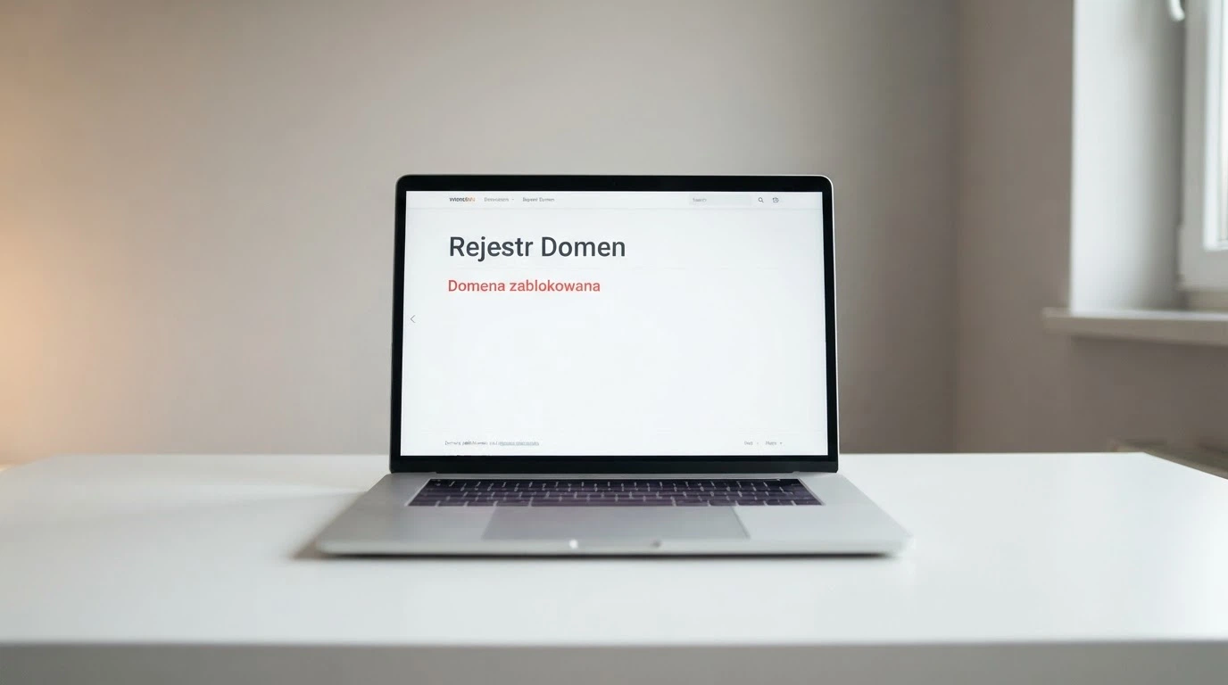 Dokument urzędowy lub symbol Ministerstwa Finansów na tle ekranu z komunikatem o Rejestrze Domen — wizualizacja nadzoru nad hazardem online w Polsce
