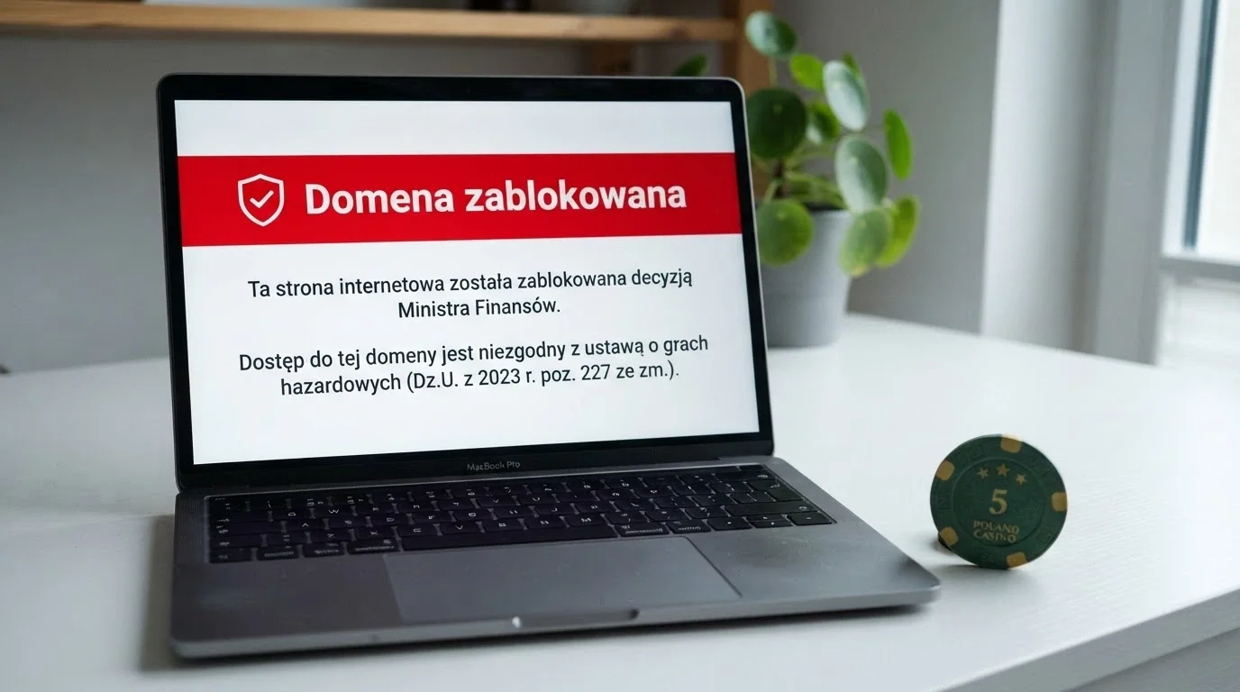 Dokument licencji hazardowej obok ekranu kasyna online — kontrast między formalną licencją a stroną blokady domeny z rejestru MF