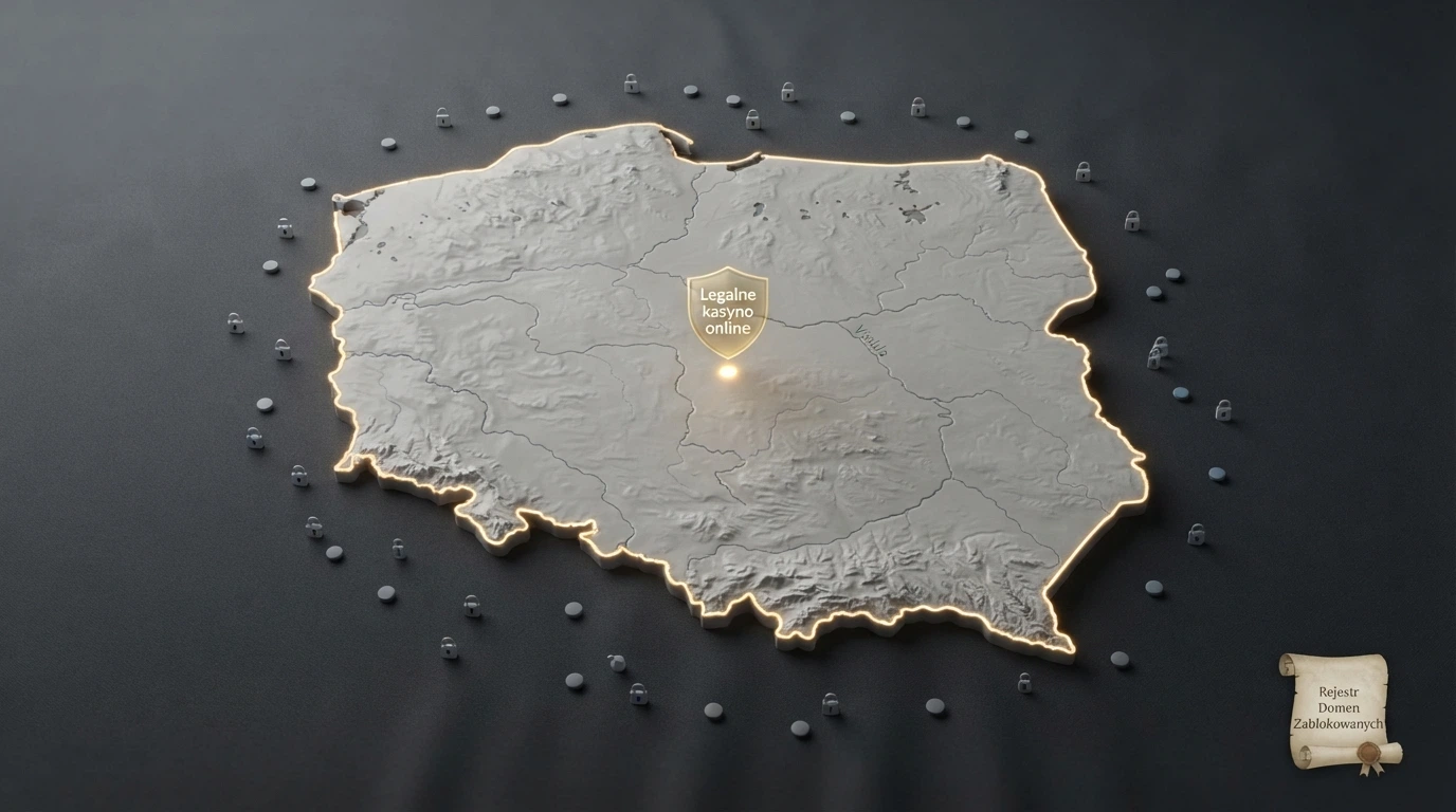 Mapa Polski z jednym podświetlonym punktem oznaczonym jako „Legalne kasyno online — Total Casino (MF)”, otoczona szarymi punktami symbolizującymi operatorów offshore z zaznaczoną granicą prawną i ikoną Rejestru Domen Zakazanych