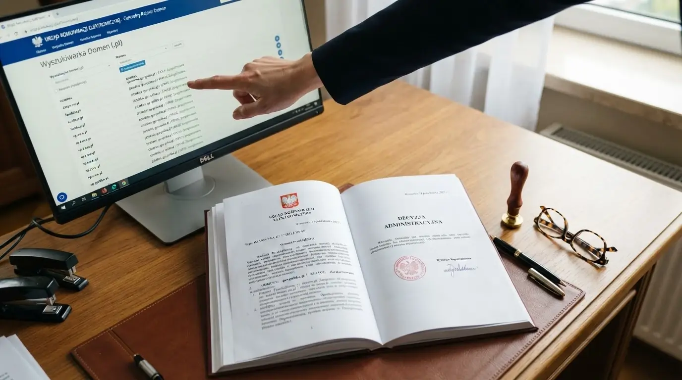 Dokumenty urzędowe na biurku — ustawa o grach hazardowych, pieczęć Ministerstwa Finansów oraz ekran monitora pokazujący Rejestr Domen Zakazanych na stronie hazard.mf.gov.pl