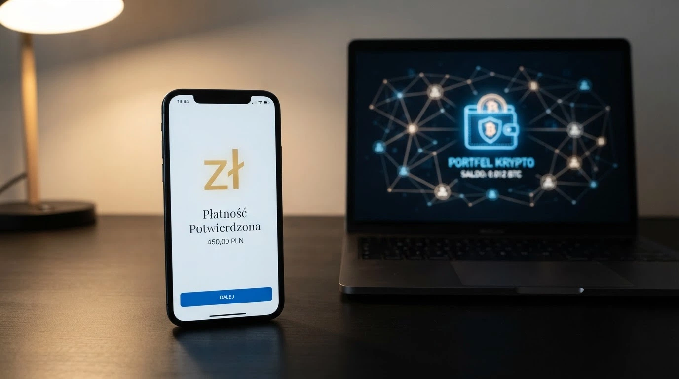 Telefon wyświetlający aplikację BLIK obok portfela kryptowalutowego na ekranie laptopa
