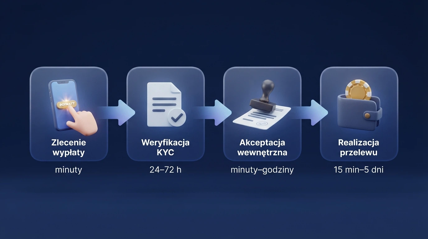 Infografika przedstawiająca cztery etapy wypłaty: zlecenie w panelu gracza → weryfikacja KYC → akceptacja wewnętrzna kasyna → realizacja przelewu; przy każdym etapie orientacyjny czas w minutach, godzinach lub dniach