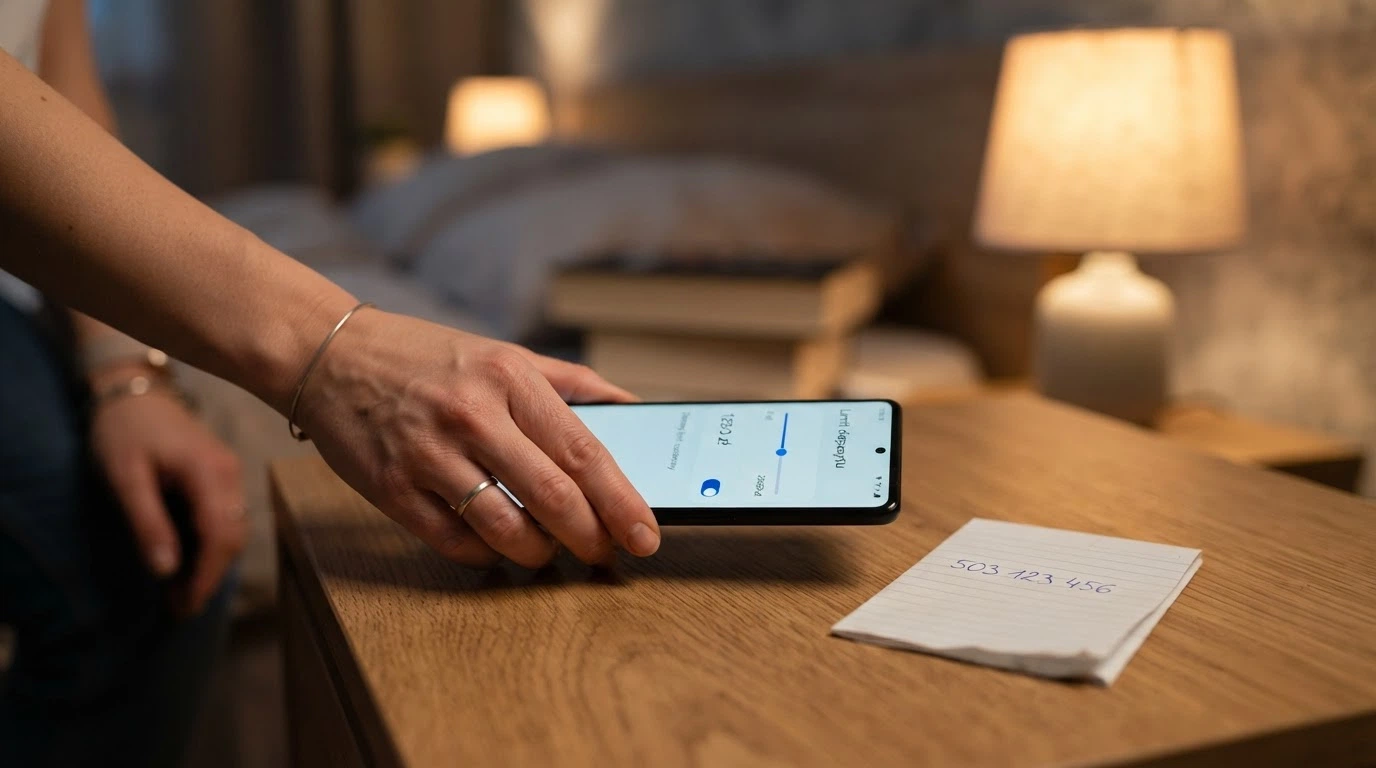Zbliżenie na dłoń odkładającą słuchawkę telefonu — obok kartka z zapisanym numerem Telefonu Zaufania