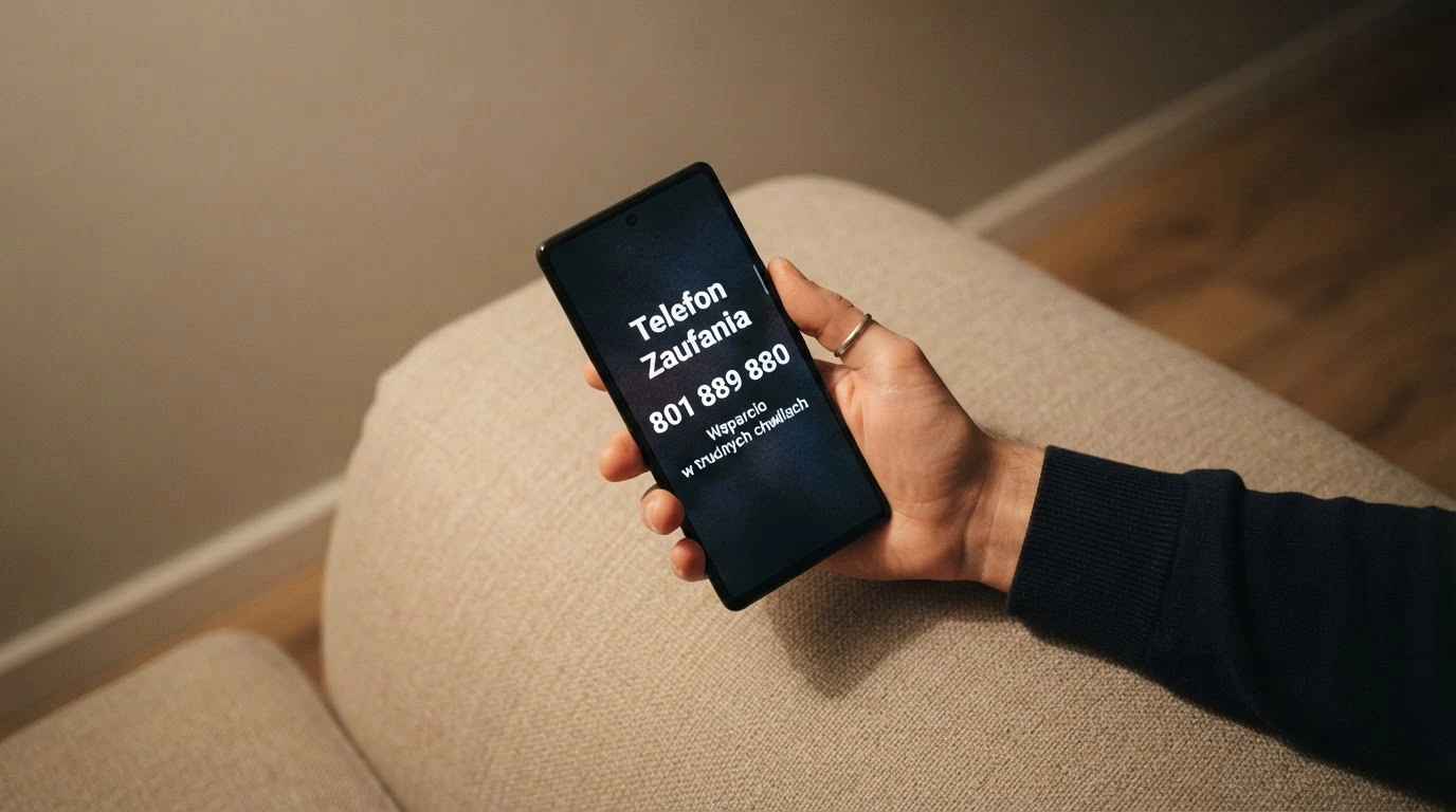 Dłoń trzymająca telefon z widocznym na ekranie numerem infolinii pomocowej, w tle stonowane, domowe wnętrze