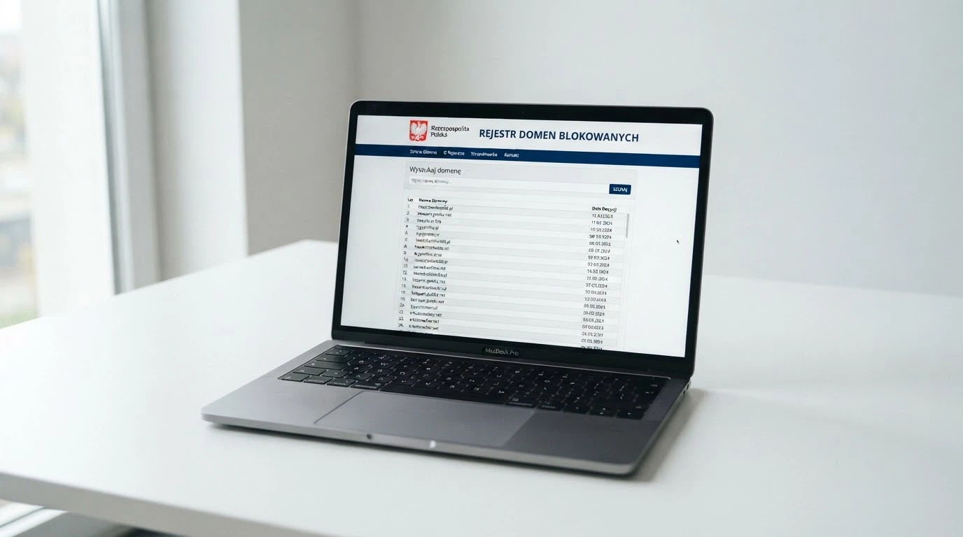 Fragment strony hazard.mf.gov.pl z polem wyszukiwania Rejestru Domen i listą zablokowanych adresów
