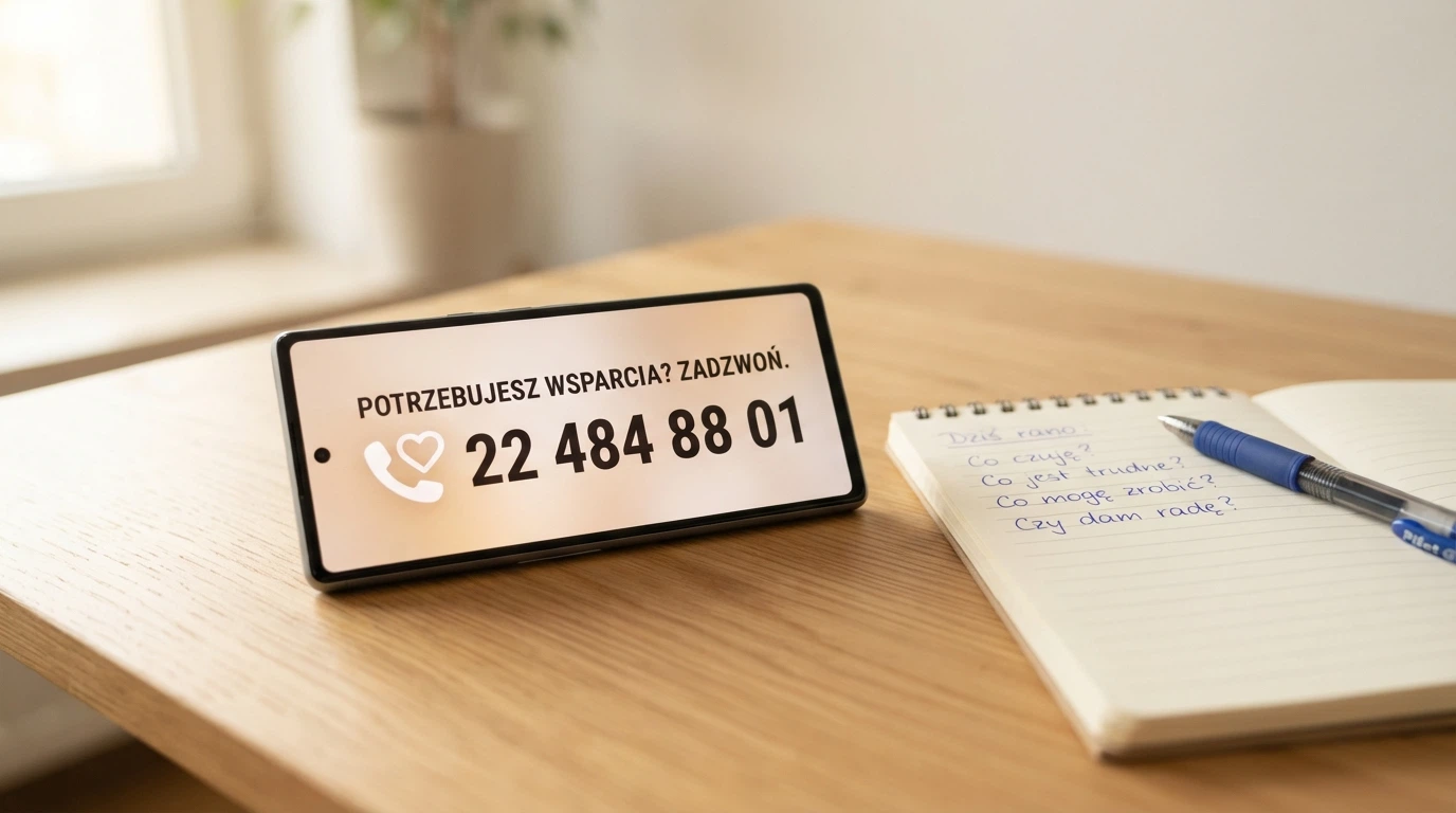 Telefon z widocznym numerem 801 889 880 na wyświetlaczu, obok logo „nie-dla-hazardu.gov.pl” i notatnik z pytaniami testu samokontroli