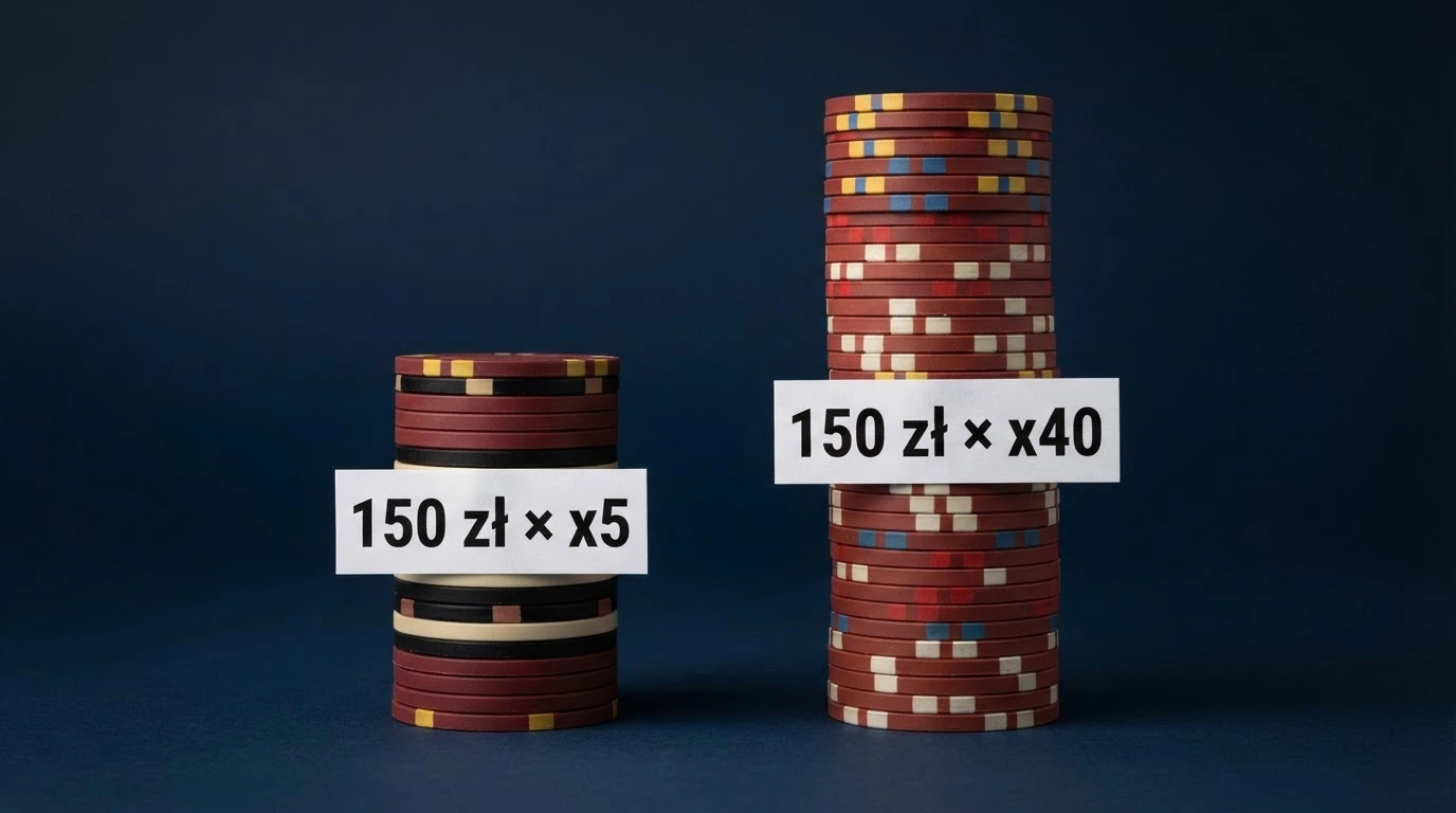Infografika: dwa stosy żetonów — jeden oznaczony „Bonus 150 zł × x5”, drugi „Bonus 150 zł × x40”, z widoczną różnicą wysokości po uwzględnieniu wymaganego obrotu