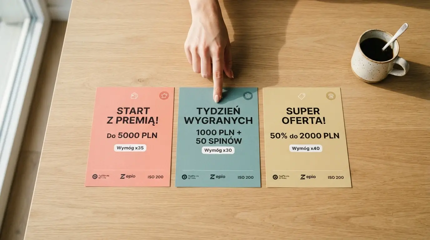 Zestawienie kart promocyjnych kilku kasyn z wypisanymi warunkami: kwota bonusu, wager, limit wypłaty