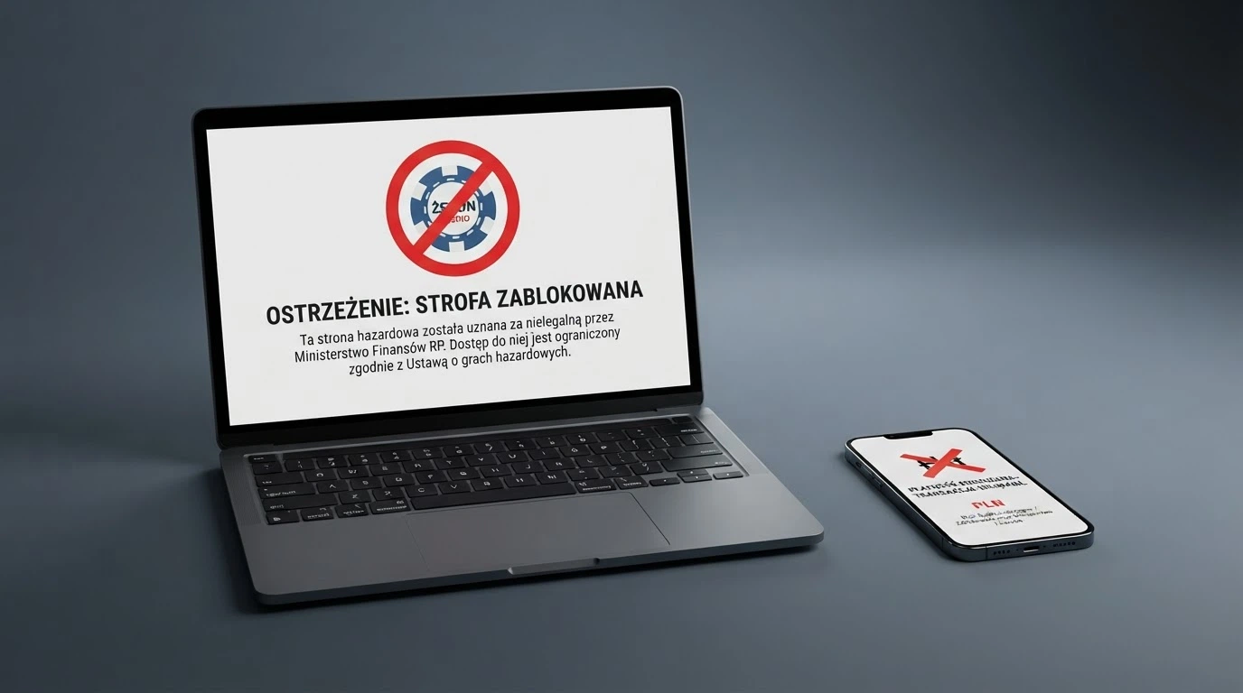 Dokument urzędowy z pieczęcią Ministerstwa Finansów obok ekranu komputera z przekreśloną ikoną kasyna