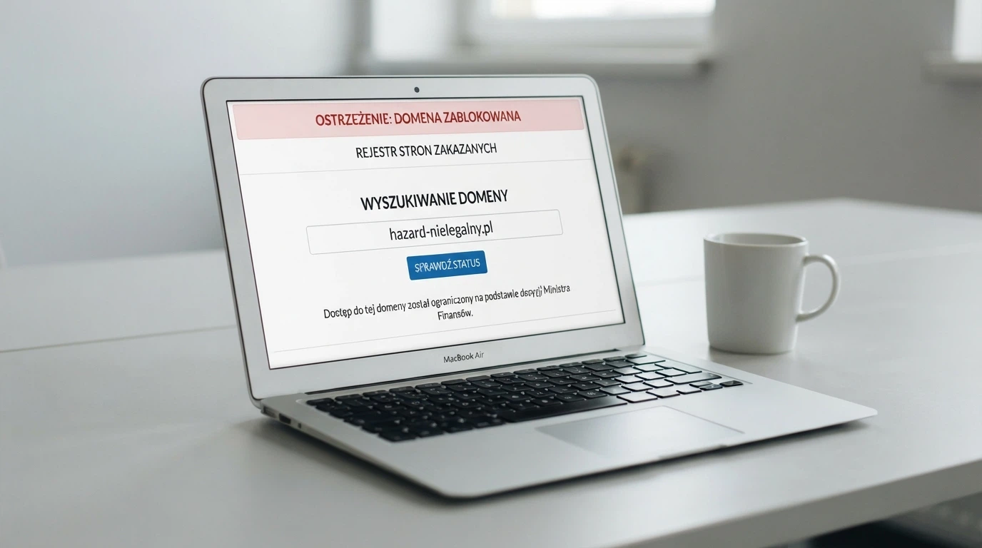 Fragment strony hazard.mf.gov.pl z polem wyszukiwania domeny i komunikatem o blokadzie — Rejestr Domen jako publiczne narzędzie weryfikacji