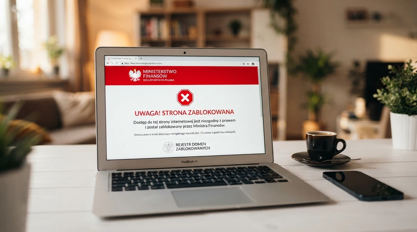 Ekran przeglądarki z komunikatem ostrzegawczym Ministerstwa Finansów o zablokowanej domenie hazardowej