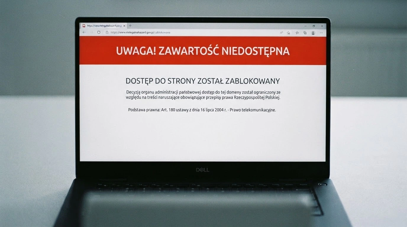 Komunikat systemowy o zablokowaniu dostępu do strony hazardowej na ekranie przeglądarki — widoczna informacja Ministerstwa Finansów