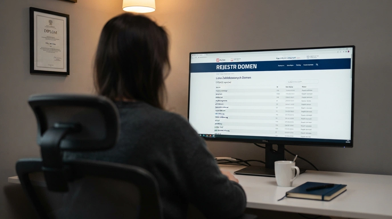 Ekran monitora z widoczną stroną hazard.mf.gov.pl — Rejestr Domen Ministerstwa Finansów z długą listą zablokowanych adresów kasyn online