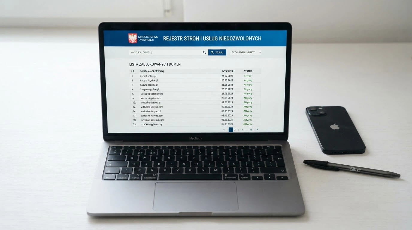 Fragment strony hazard.mf.gov.pl z widocznym polem wyszukiwania Rejestru Domen i listą zablokowanych adresów