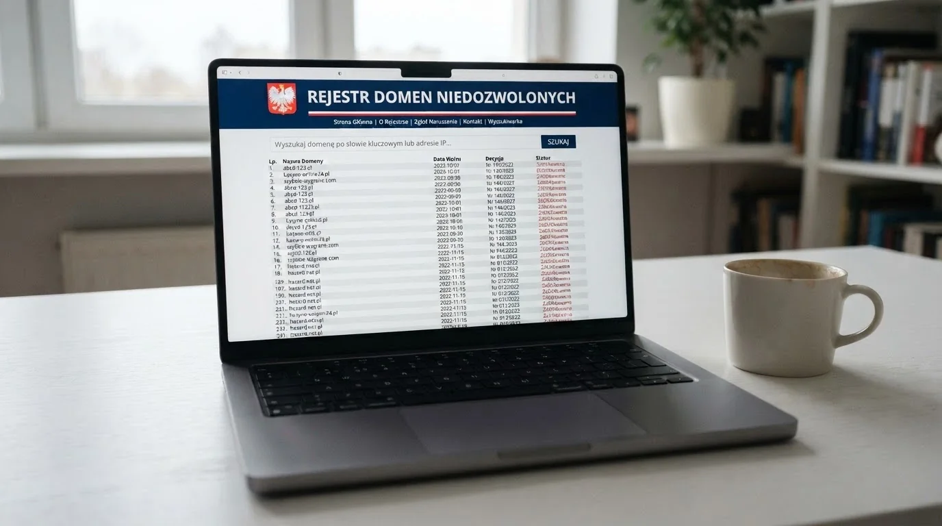 Zrzut ekranu przedstawiający rejestr domen hazardowych Ministerstwa Finansów z listą zablokowanych stron kasynowych