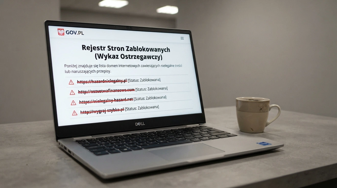 Fragment listy zablokowanych domen na stronie hazard.mf.gov.pl z wieloma wpisami i datami decyzji