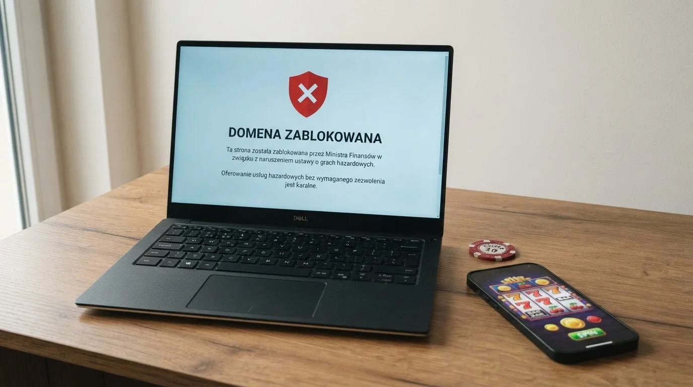 Dokument urzędowy lub pieczęć Ministerstwa Finansów na tle ekranu z zablokowaną domeną kasyna