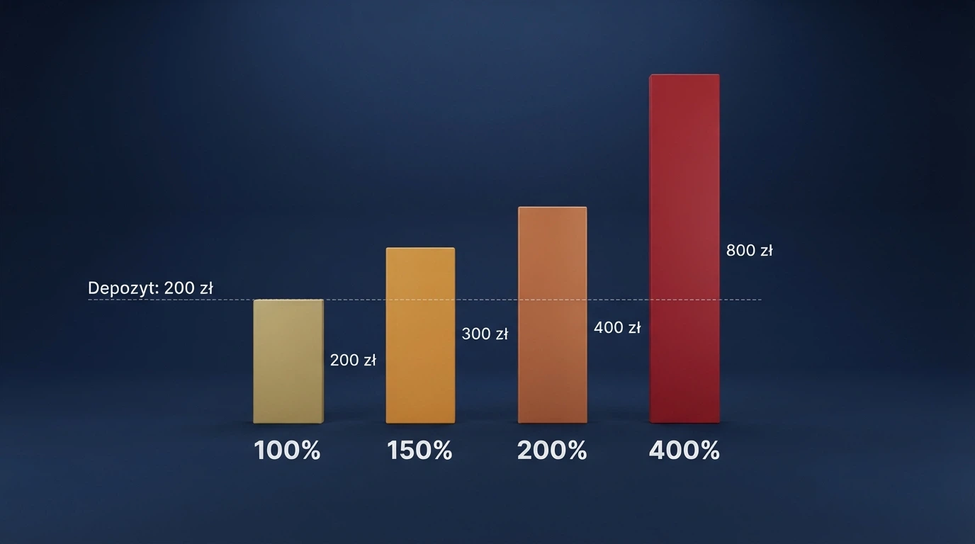 Infografika porównująca cztery progi bonusowe — 100%, 150%, 200% i 400% — z kwotą bonusu i całkowitym obrotem przy wpłacie 200 zł