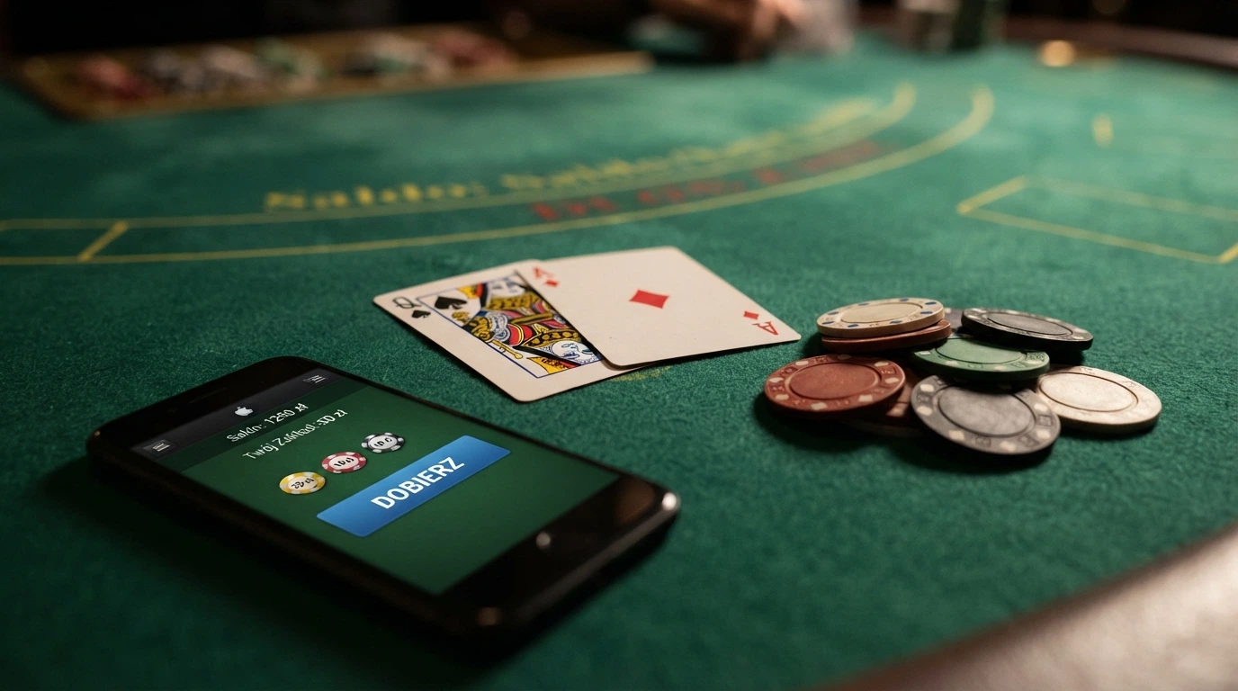 Zbliżenie na układ kart na stole do blackjacka na żywo z widocznym interfejsem zakładów na ekranie