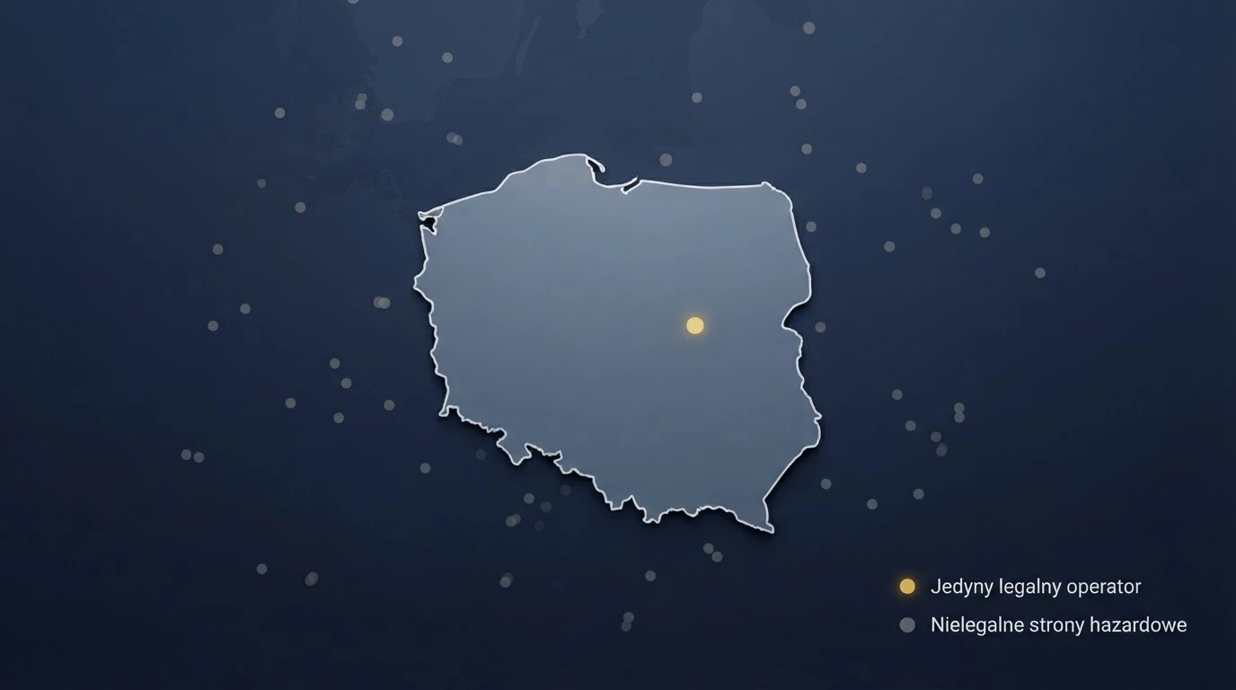 Mapa Polski z jednym podświetlonym punktem (Total Casino) i dziesiątkami szarych punktów rozsianych poza granicami kraju