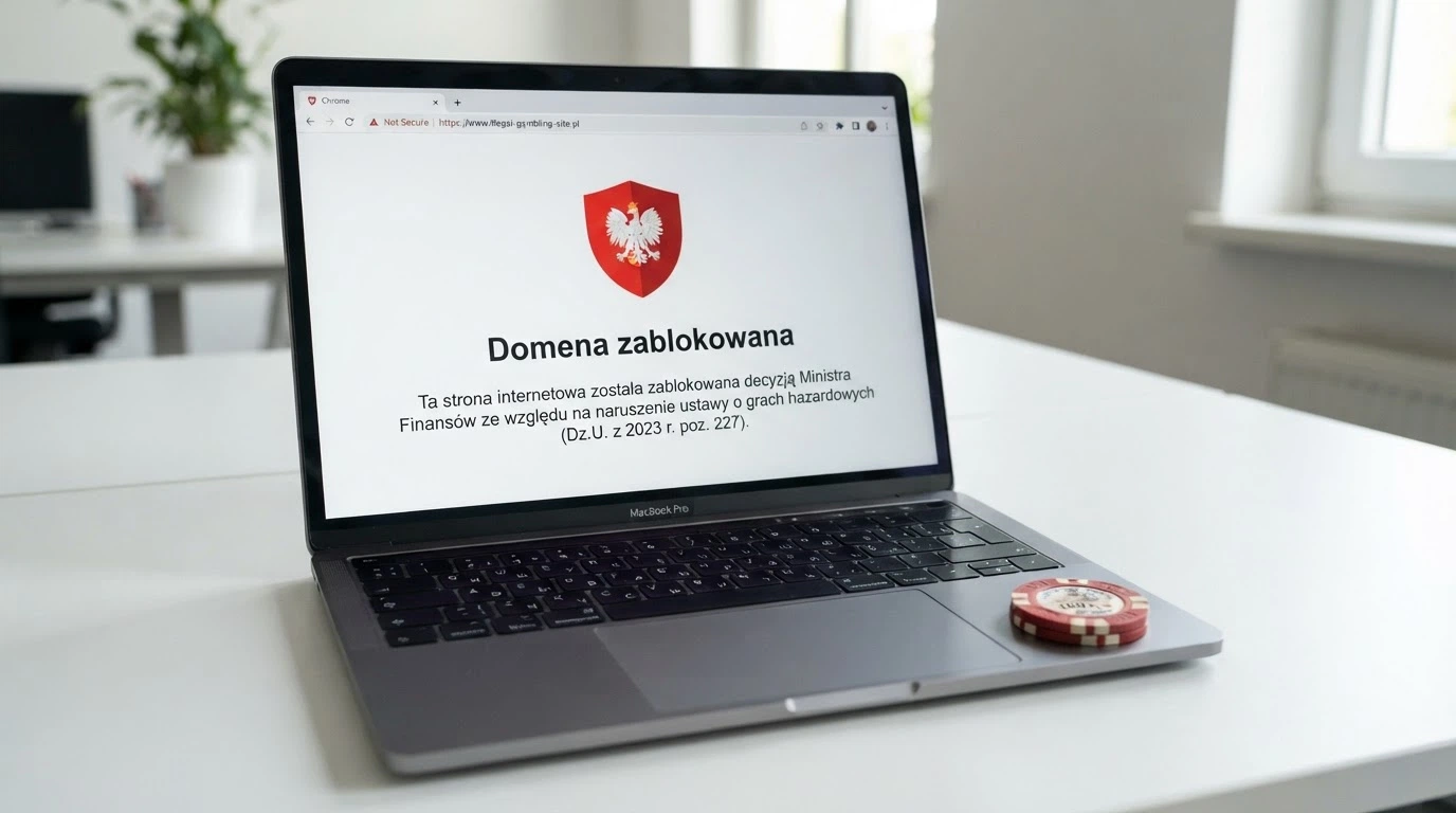 Ekran komputera z komunikatem ostrzegawczym Ministerstwa Finansów lub symbolem blokady domeny na tle interfejsu kasyna — kontrast między światem legalnego monopolu a offshore