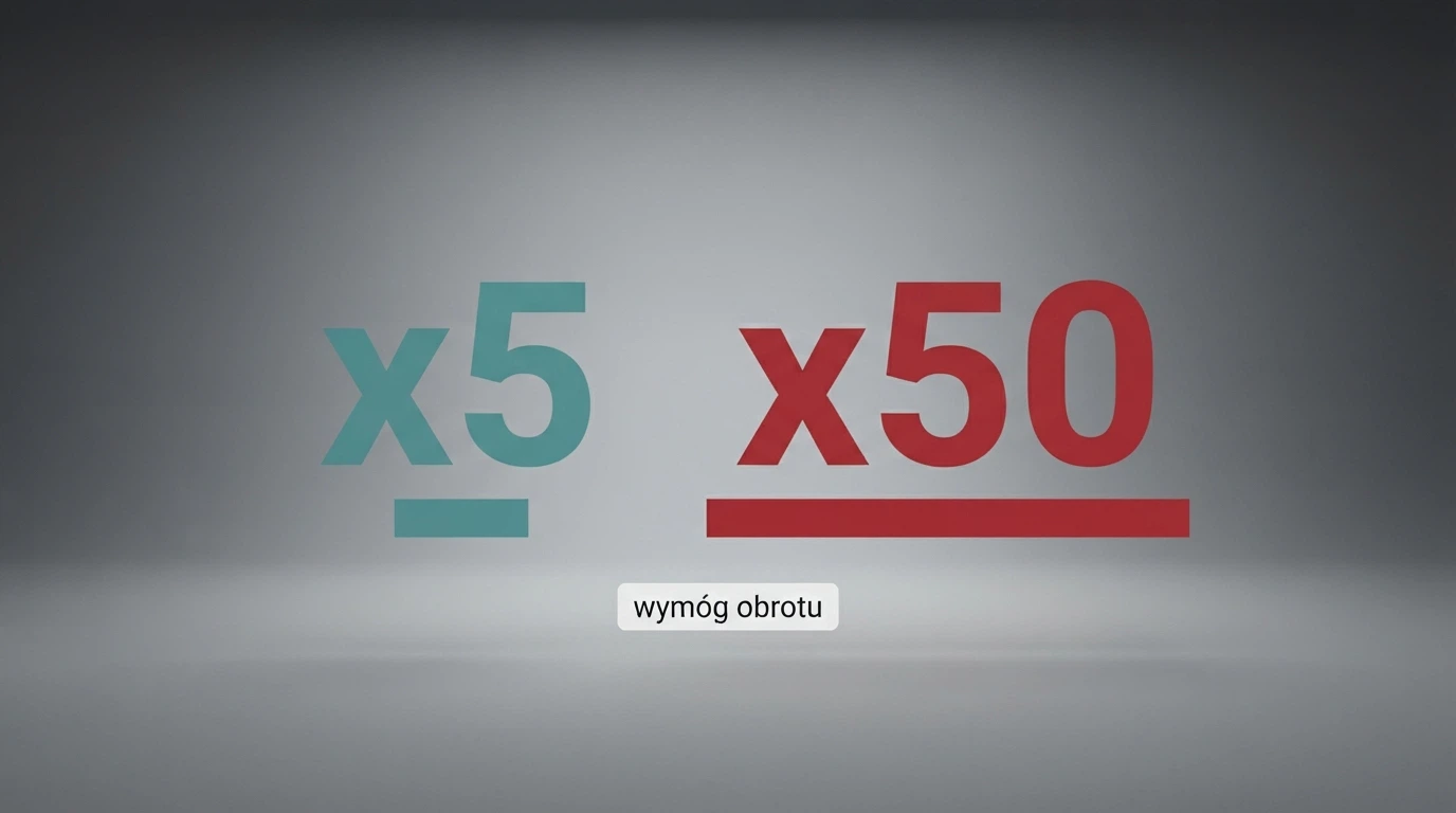 Zbliżenie na tabelę warunków bonusowych — kolumna „wymóg obrotu” z wartościami x5 i x50 obok siebie