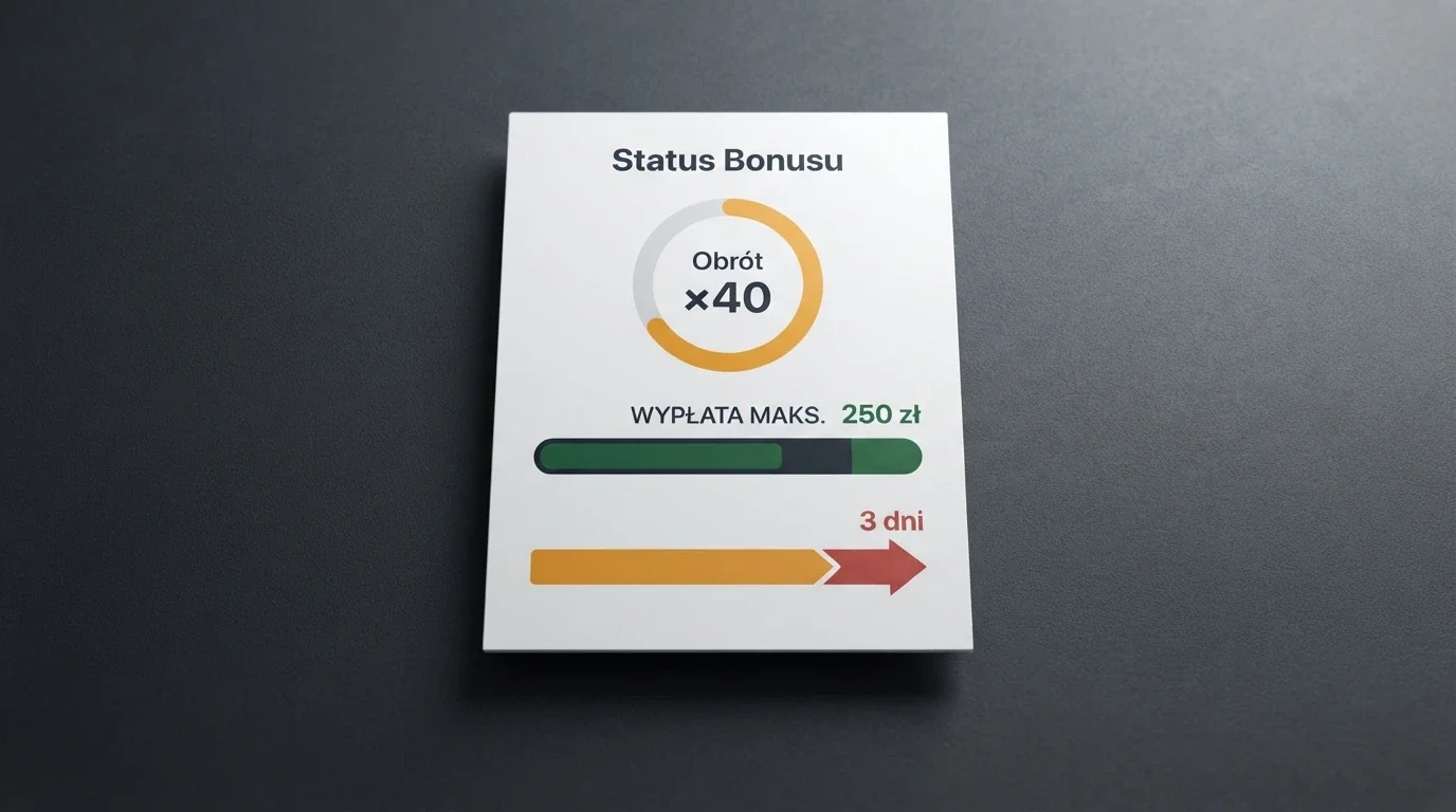 Fragment tabeli warunków promocji z kolumnami: kwota bonusu, wymóg obrotu, maksymalna wypłata, termin ważności